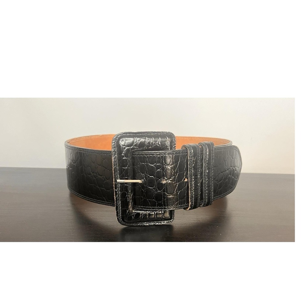 Vintage Black Croco‎ Embossed Leather Belt Textured Minimalist Boho Size S